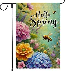 Hello Spring Garden Burlap Texture Double Sided 12x18 Garden Flag